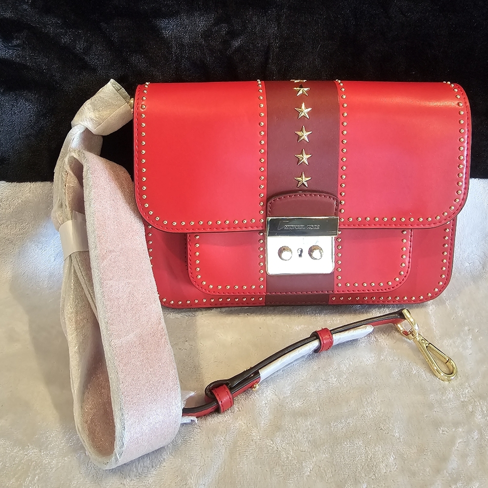 New Michael Kors Red and Brown Studded Leather Women's Bag